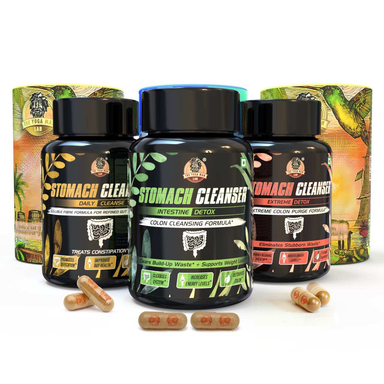 YogaManLab® STOMACH CLEANSER KIT- Extreme Purge + Intestine Detox + Daily Fiber Cleanse (3 Ayurvedic Supplements) | Probiotic Soluble Fiber Formula For Smooth Bowel Movement | 100% Natural Main image