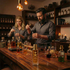 Two people in a bar setting with various bottles and glasses on a wooden counter.