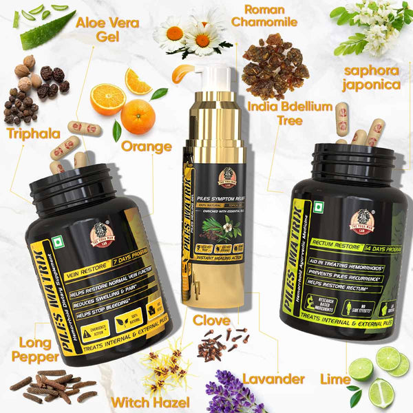 YogaManLab® PILES MATRIX - Ayurvedic Kit | Hemmorhoids Internal & Topical Support Kit with Herbal Remedies Diet Booklet | 100% Natural