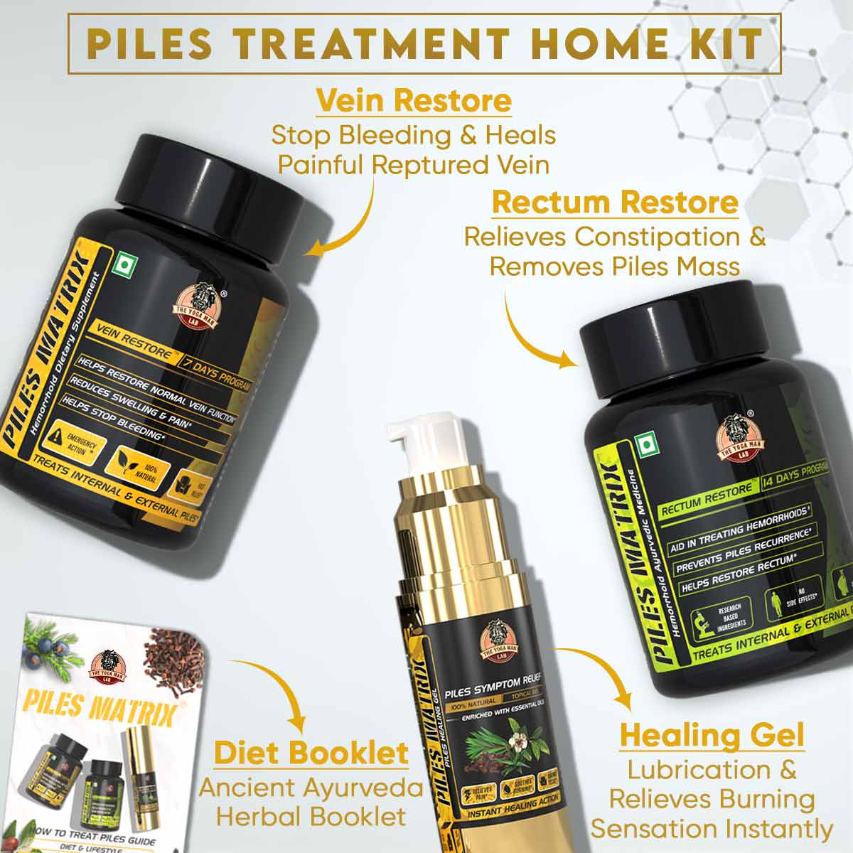 Piles Matrix home kit with two supplement bottles, gel pump bottle, and diet booklet. Main image