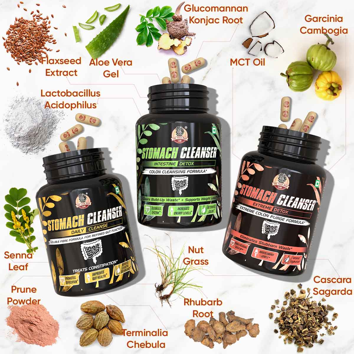 YogaManLab® STOMACH CLEANSER KIT- Extreme Purge + Intestine Detox + Daily Fiber Cleanse (3 Ayurvedic Supplements) | Probiotic Soluble Fiber Formula For Smooth Bowel Movement | 100% Natural