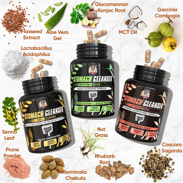 YogaManLab® STOMACH CLEANSER KIT- Extreme Purge + Intestine Detox + Daily Fiber Cleanse (3 Ayurvedic Supplements) | Probiotic Soluble Fiber Formula For Smooth Bowel Movement | 100% Natural