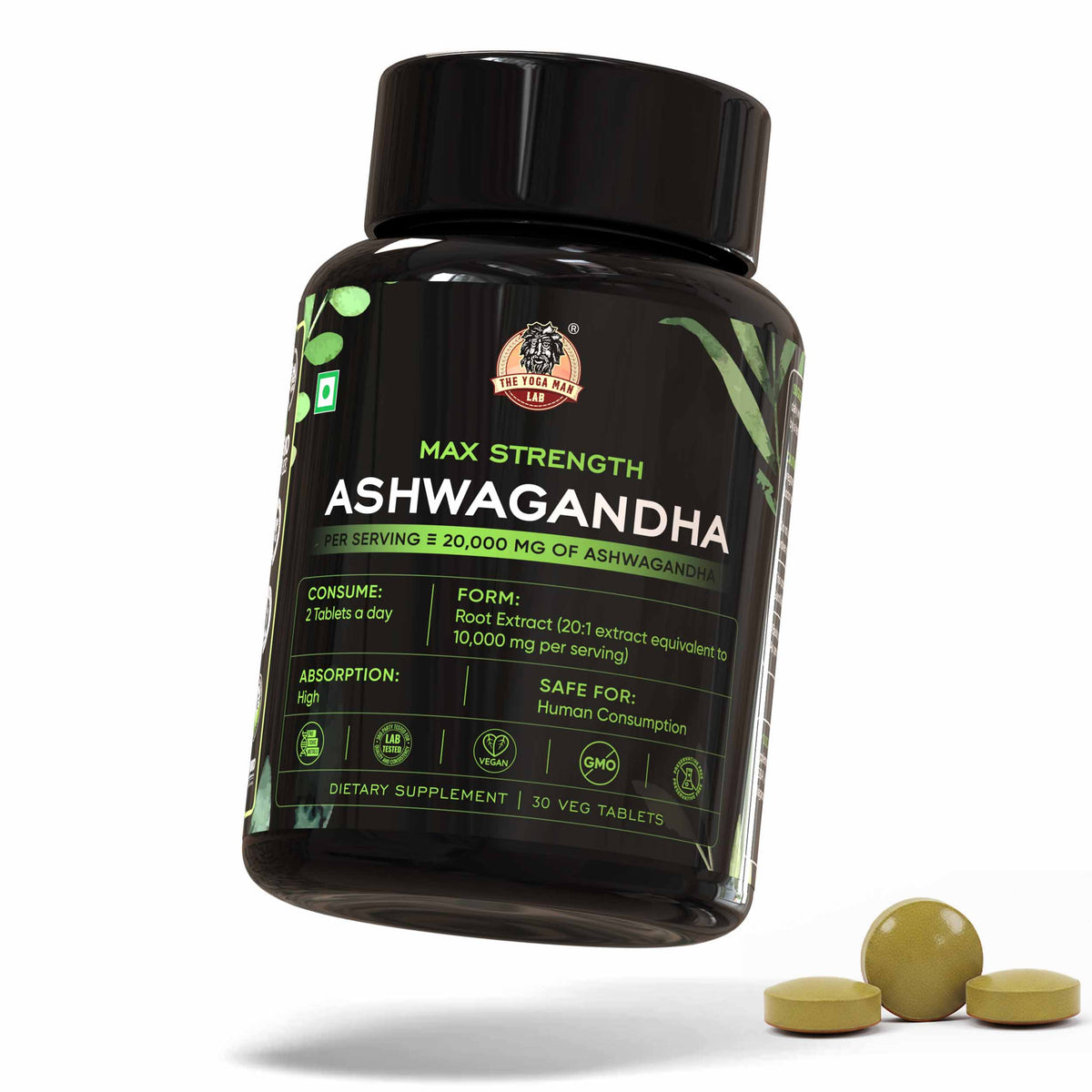 YogaManLab® Ashwagandha Tablets - 100% Lab Certified | Xtra Energy Booster & Stress Reliever - 30 Tablets
