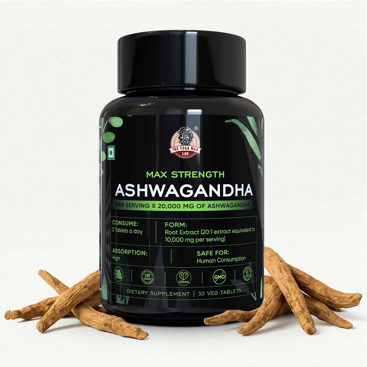 YogaManLab® Ashwagandha Tablets - 100% Lab Certified | Xtra Energy Booster & Stress Reliever - 30 Tablets