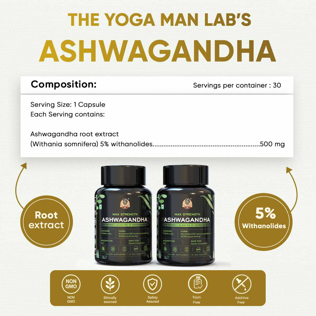 YogaManLab® Ashwagandha Tablets - 100% Lab Certified | Xtra Energy Booster & Stress Reliever - 30 Tablets