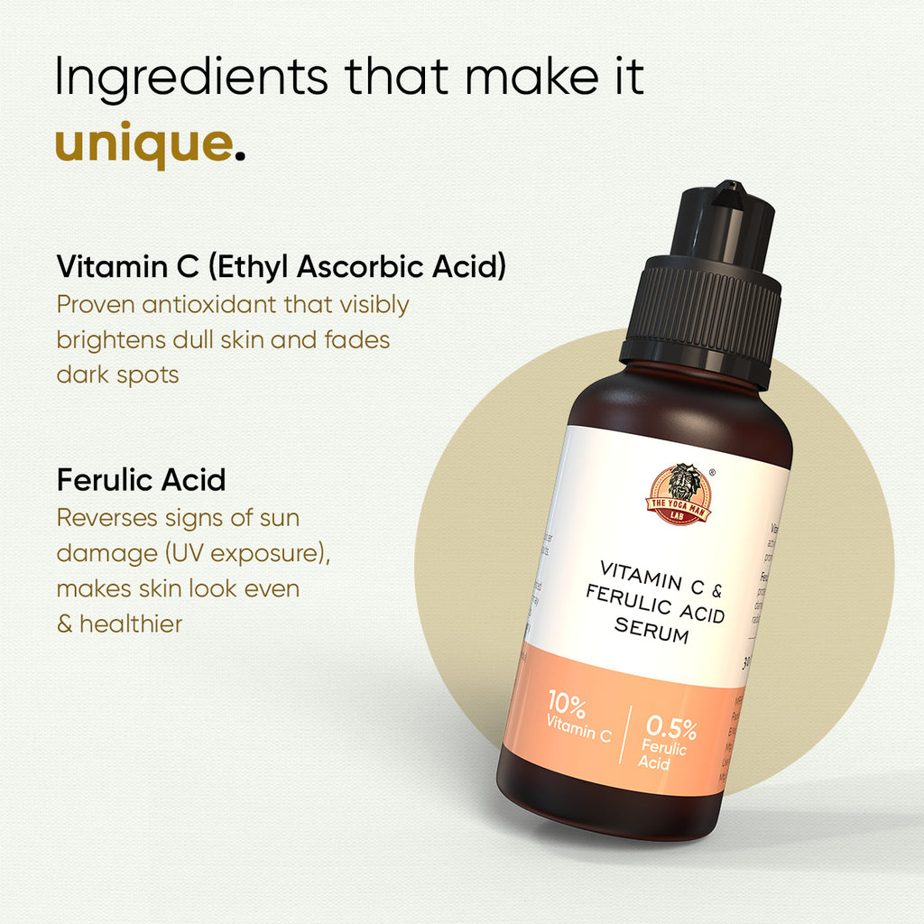 YogaManLab® 10% Pure Vitamin-C & 0.5% Ferulic Acid Face Serum | Brightens Dull Skin, Evens Tone