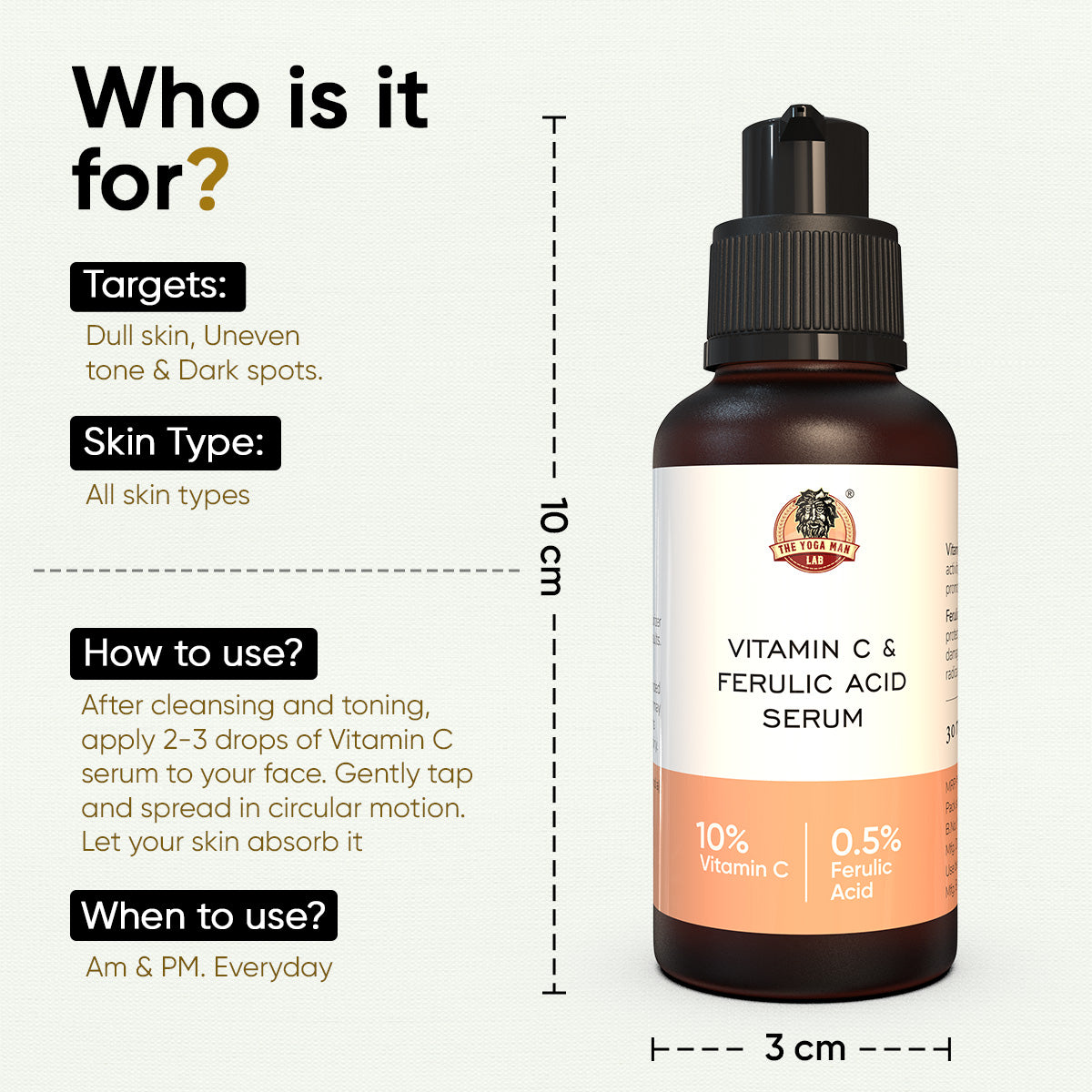 YogaManLab® 10% Pure Vitamin-C & 0.5% Ferulic Acid Face Serum | Brightens Dull Skin, Evens Tone