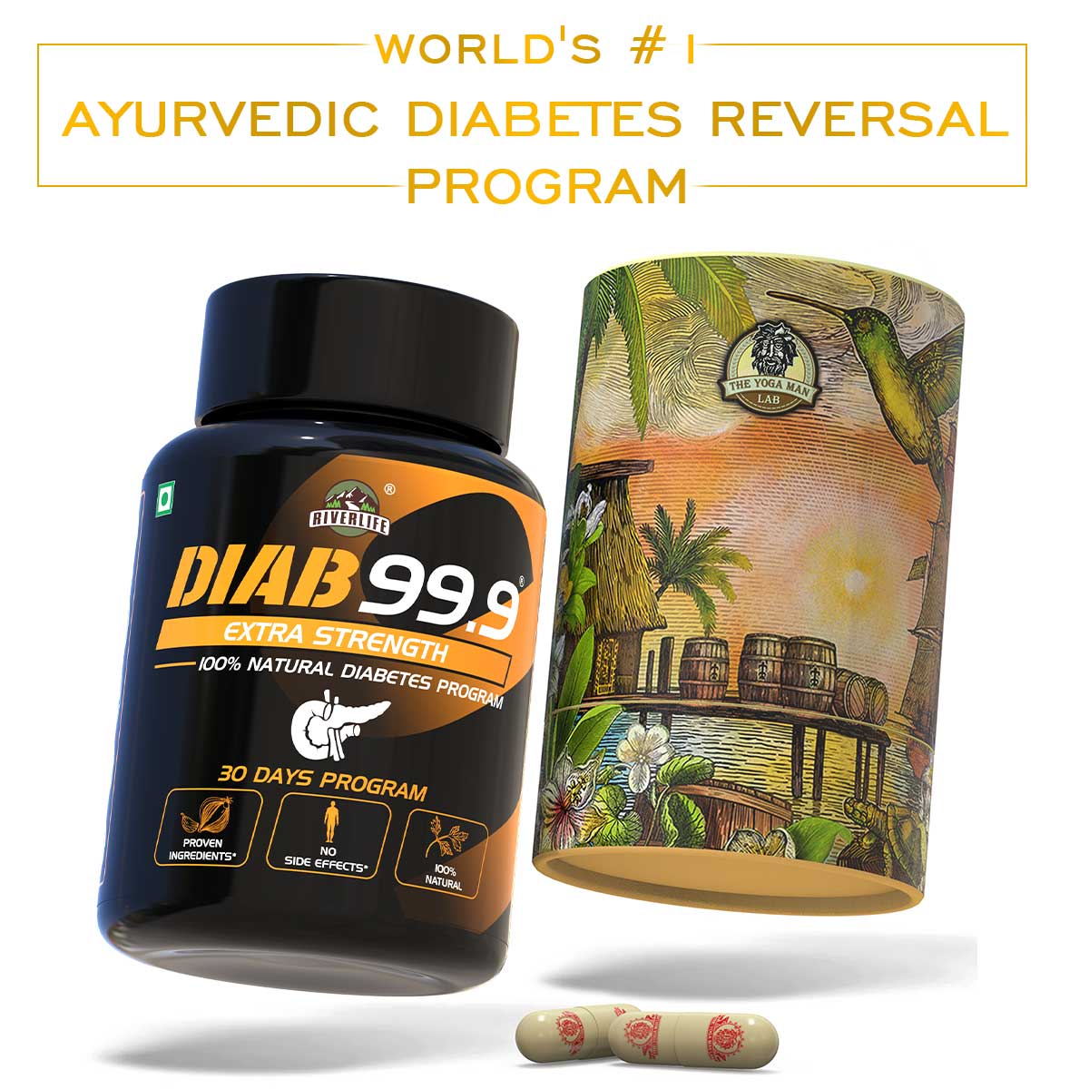 DIAB 99.9 - Type-2 Extra Strength Ayurvedic Diabetes Medicine | 100% Natural Health Care > Gut Health > Colon Detox > Supplement > Ayurvedic Constipation, IBS & Bowel Treatment The Yoga Man Lab 28 Days Pack: ₹1999/- (50% Off)   Main image