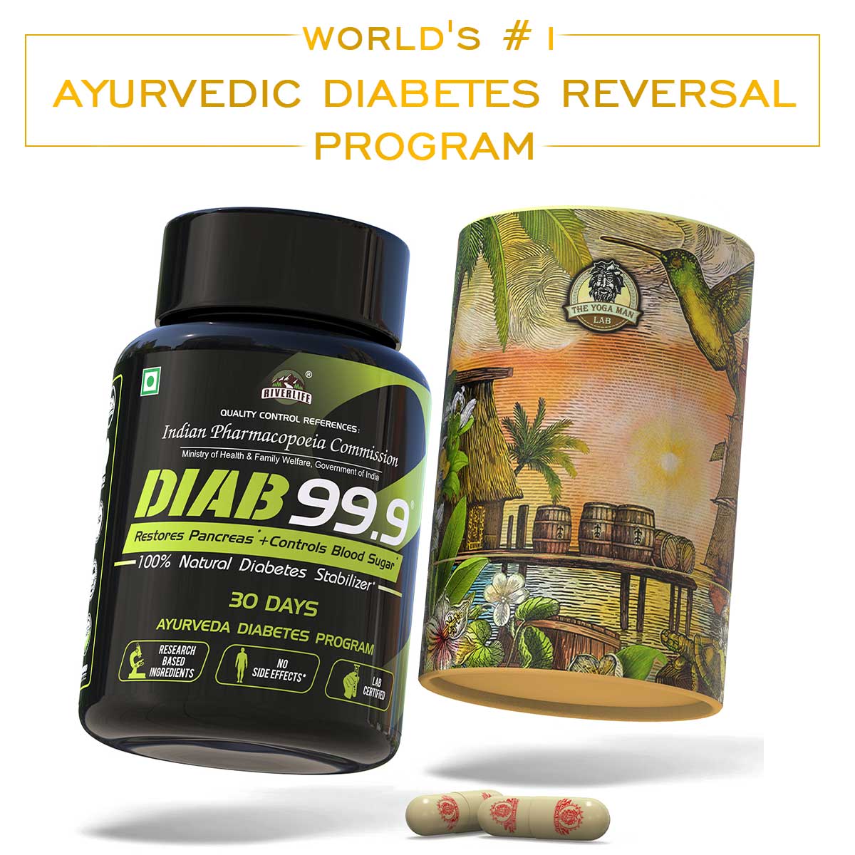 Diab 99.9 Type-2 Ayurvedic Sugar Reversal Program | Get Free Doctor & Dietitian Reversal Consultation | 100% Natural Health Care > Metabolic Health > Diabetes > Supplement > Ayurvedic Diabetes Reversal The Yoga Man Lab Monthly Program: ₹1990/- (20% Off)   Main image