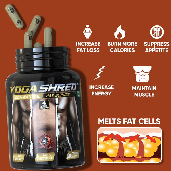 YogaManLab® YOGA SHRED - Burn Fat At-Home Ayurvedic Supplement Capsules (Men) | Helps in Weight Loss & Boosting Energy | Ayurvedic & 100% Natural