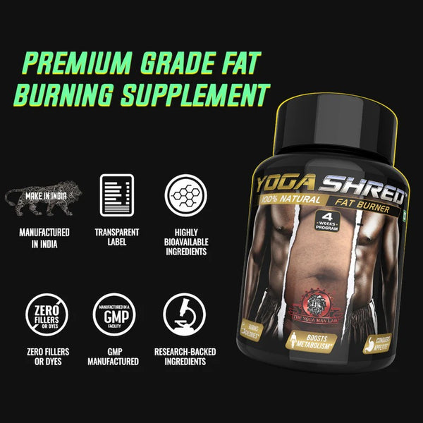YogaManLab® YOGA SHRED - Burn Fat At-Home Ayurvedic Supplement Capsules (Men) | Helps in Weight Loss & Boosting Energy | Ayurvedic & 100% Natural