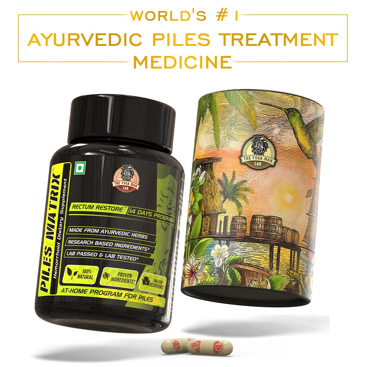 PILES MATRIX - RECTUM RESTORE Ayurvedic Supplement | Shrink Piles Lumps & Mass and Treats Constipation | 100% Natural Health Care > Gut Health > Piles > Medicine > Ayurvedic Piles Treatment The Yoga Man Lab Pack of 1: ₹1299/- (13% Off)   Main image