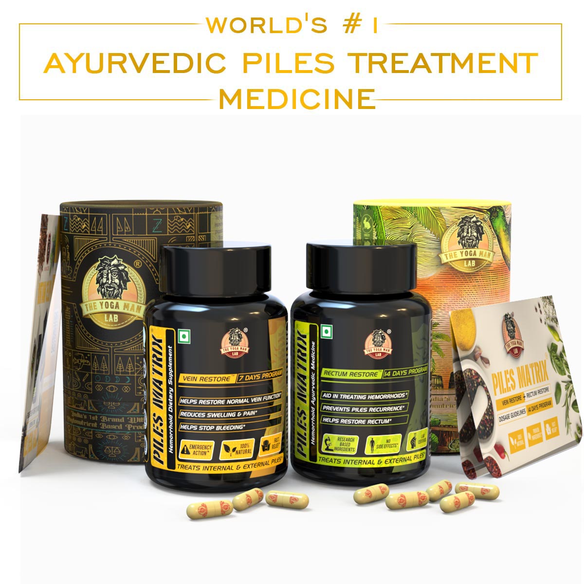 PILES MATRIX - Vein Restore + Rectum Restore Ayurvedic Supplements + Herbal Remedies Diet Booklet | Relives Pain & Shrinks Mass | 100% Natural Health Care > Gut Health > Piles > Medicine > Ayurvedic Piles Treatment The Yoga Man Lab    Main image