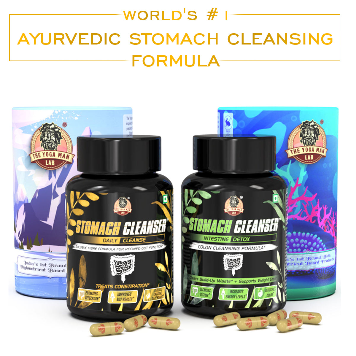 STOMACH CLEANSER KIT- Intestine Detox + Daily Fiber Cleanse (2 Ayurvedic Supplements) | Probiotic Soluble Fiber Combo For Instant Colon Detox & Daily Bowel Movement | 100% Natural Health Care > Gut Health > Colon Detox > Supplement > Ayurvedic Constipation, IBS & Bowel Treatment The Yoga Man Lab    Main image