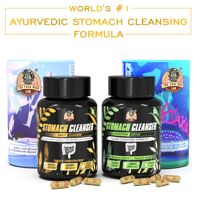 YogaManLab® STOMACH CLEANSER KIT- Intestine Detox + Daily Fiber Cleanse (2 Ayurvedic Supplements) | Probiotic Soluble Fiber Formula For Smooth Bowel Movement | 100% Natural
