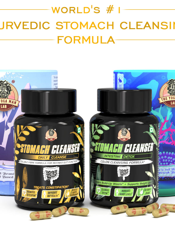 YogaManLab® STOMACH CLEANSER KIT- Intestine Detox + Daily Fiber Cleanse (2 Ayurvedic Supplements) | Probiotic Soluble Fiber Formula For Smooth Bowel Movement | 100% Natural