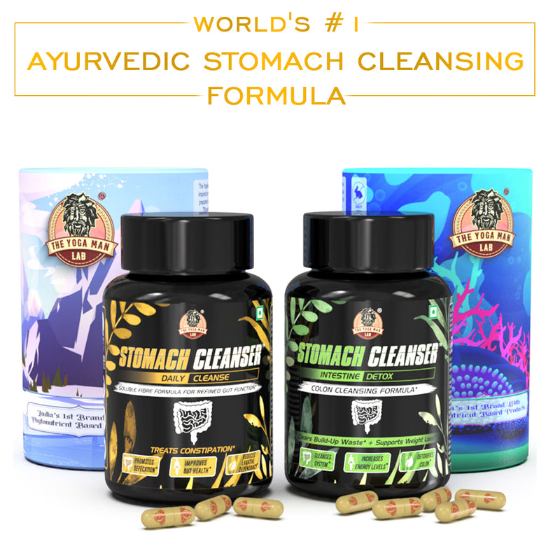 YogaManLab® STOMACH CLEANSER KIT- Intestine Detox + Daily Fiber Cleanse (2 Ayurvedic Supplements) | Probiotic Soluble Fiber Formula For Smooth Bowel Movement | 100% Natural