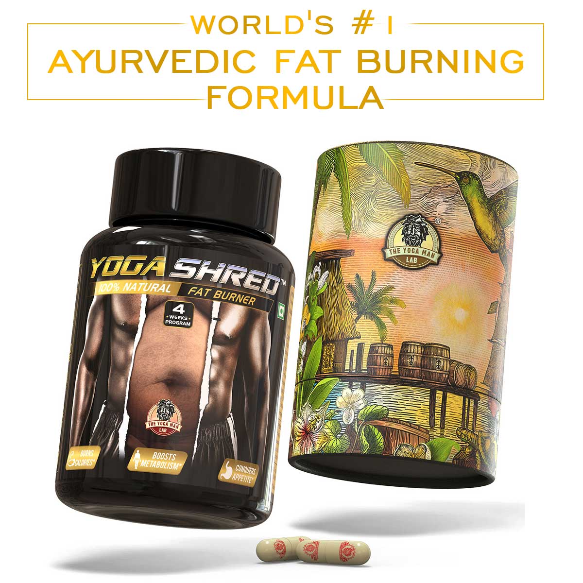 YOGA SHRED - Home Fat Burner (Women) Ayurvedic Supplement | Thermogenic Weight Burner, Appetite Suppressant & Energy Booster | 100% Natural Health Care > Weight Loss > Fat Burner > Women > Supplement > Ayurvedic Fat Loss The Yoga Man Lab 4 Week Pack: ₹1499/- (40% Off)   Main image