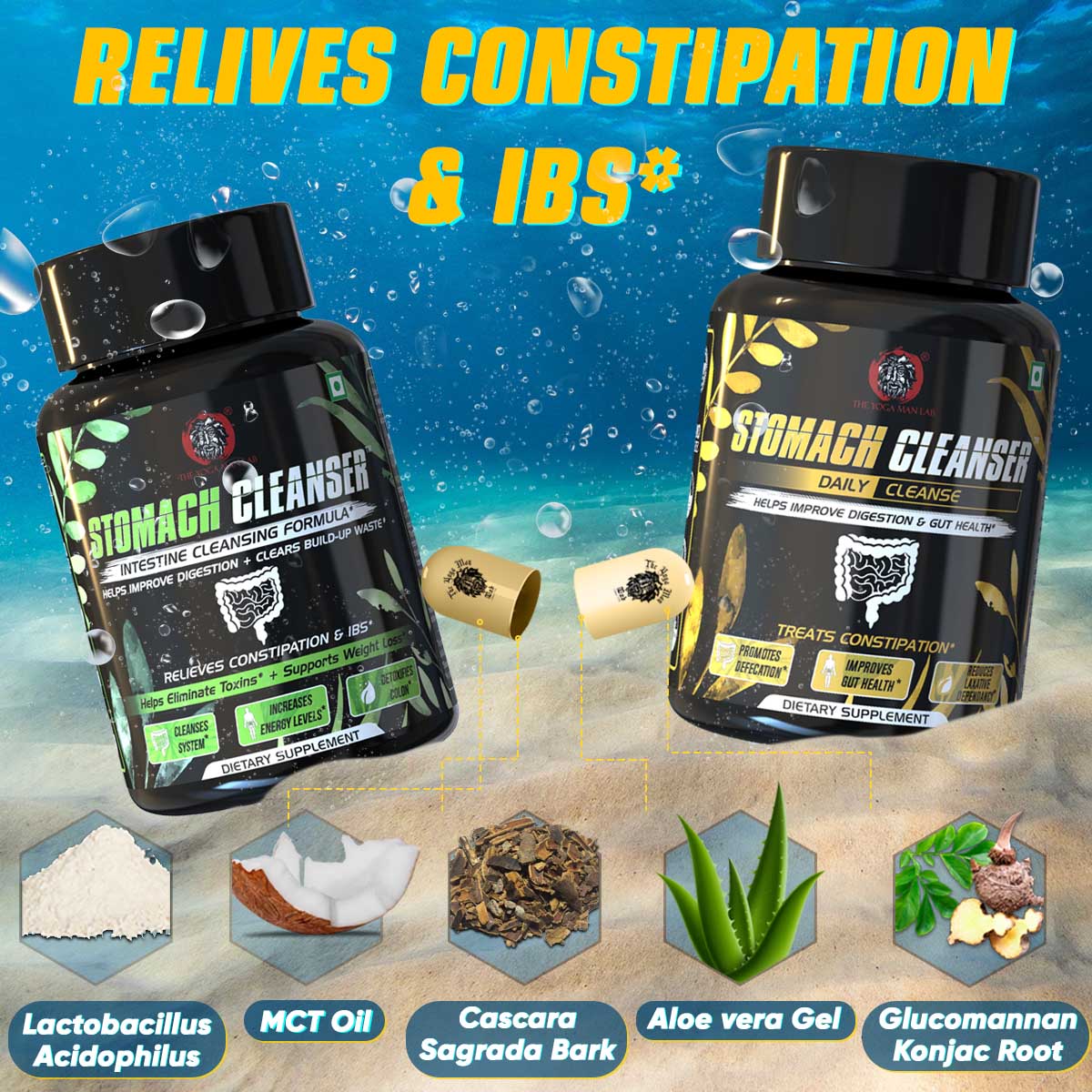 STOMACH CLEANSER KIT- Intestine Detox + Daily Fiber Cleanse (2 Ayurvedic Supplements) | Probiotic Soluble Fiber Combo For Instant Colon Detox & Daily Bowel Movement | 100% Natural Health Care > Gut Health > Colon Detox > Supplement > Ayurvedic Constipation, IBS & Bowel Treatment The Yoga Man Lab   