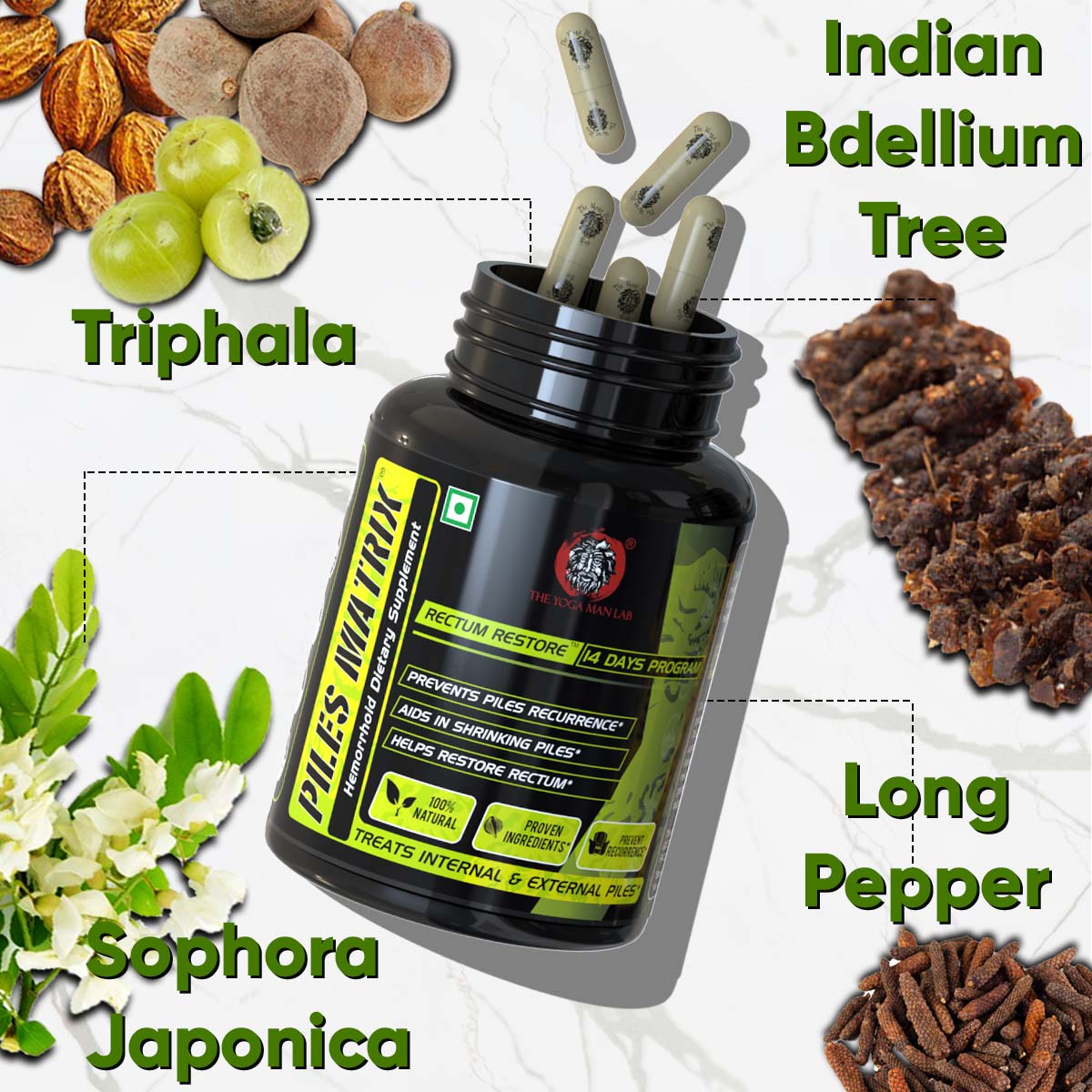 YogaManLab® PILES MATRIX - RECTUM RESTORE Ayurvedic Supplement | Shrink Piles Lumps & Mass and Treats Constipation | 100% Natural Secondary image