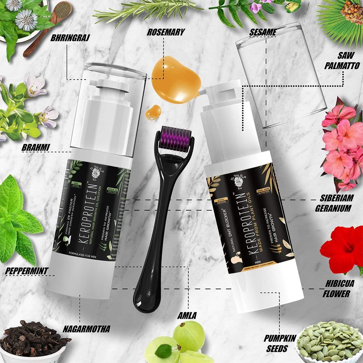 KEROPROTEIN Hair Growth Kit (Men) | Topical Hair Growth Oil (30ml) + DHT Blocker Oral Oil Shots (30ml)+ Keroneedle 0.5mm |Made From Natural Plant Oils  The Yoga Man Lab   